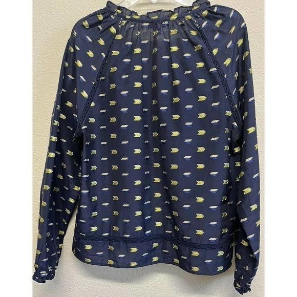 J. Crew Point Sur Poplin Blouse Arrow Gold metallic Print Navy Size M - Picture 3 of 7